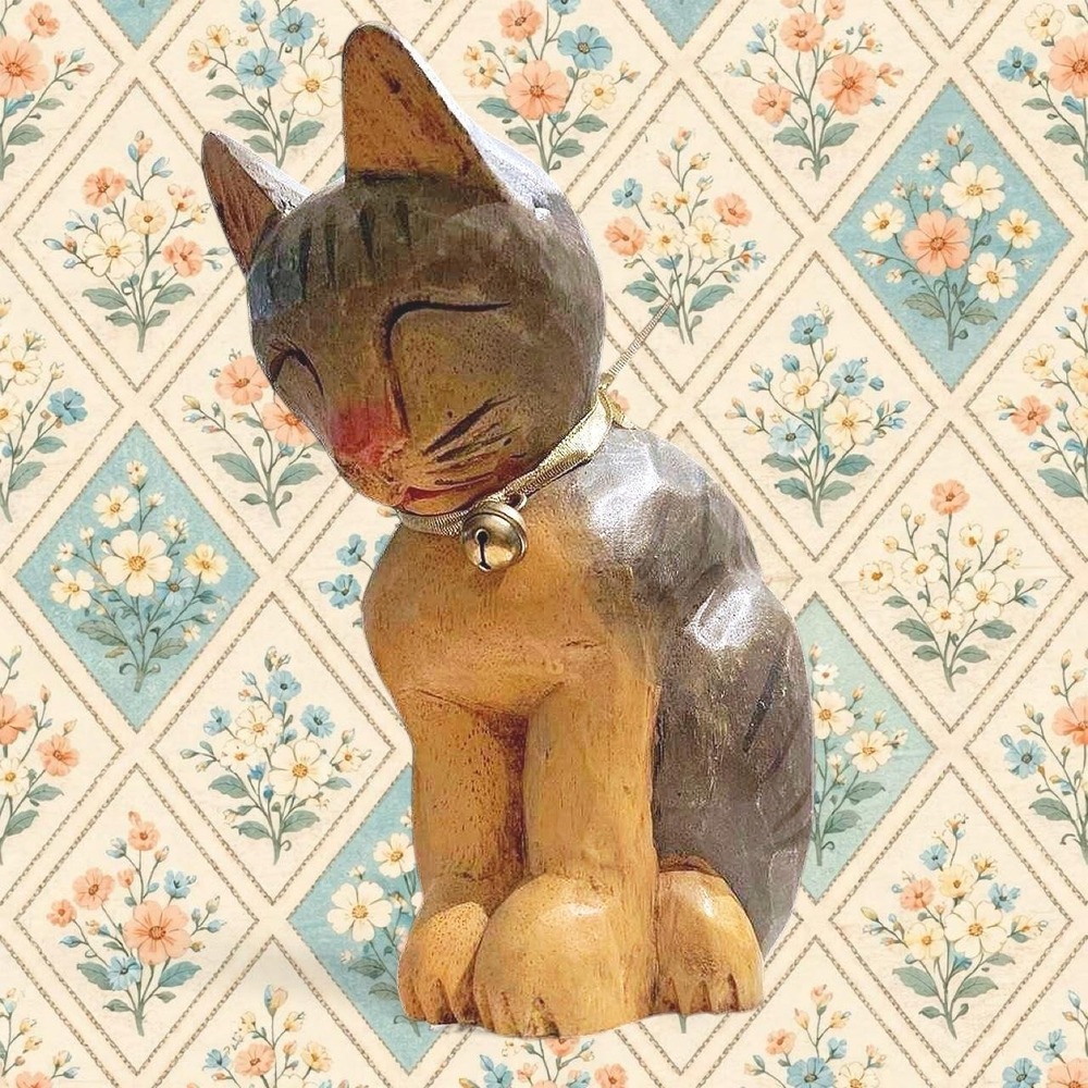 Vintage Cat Figurine Wooden Hand Carved